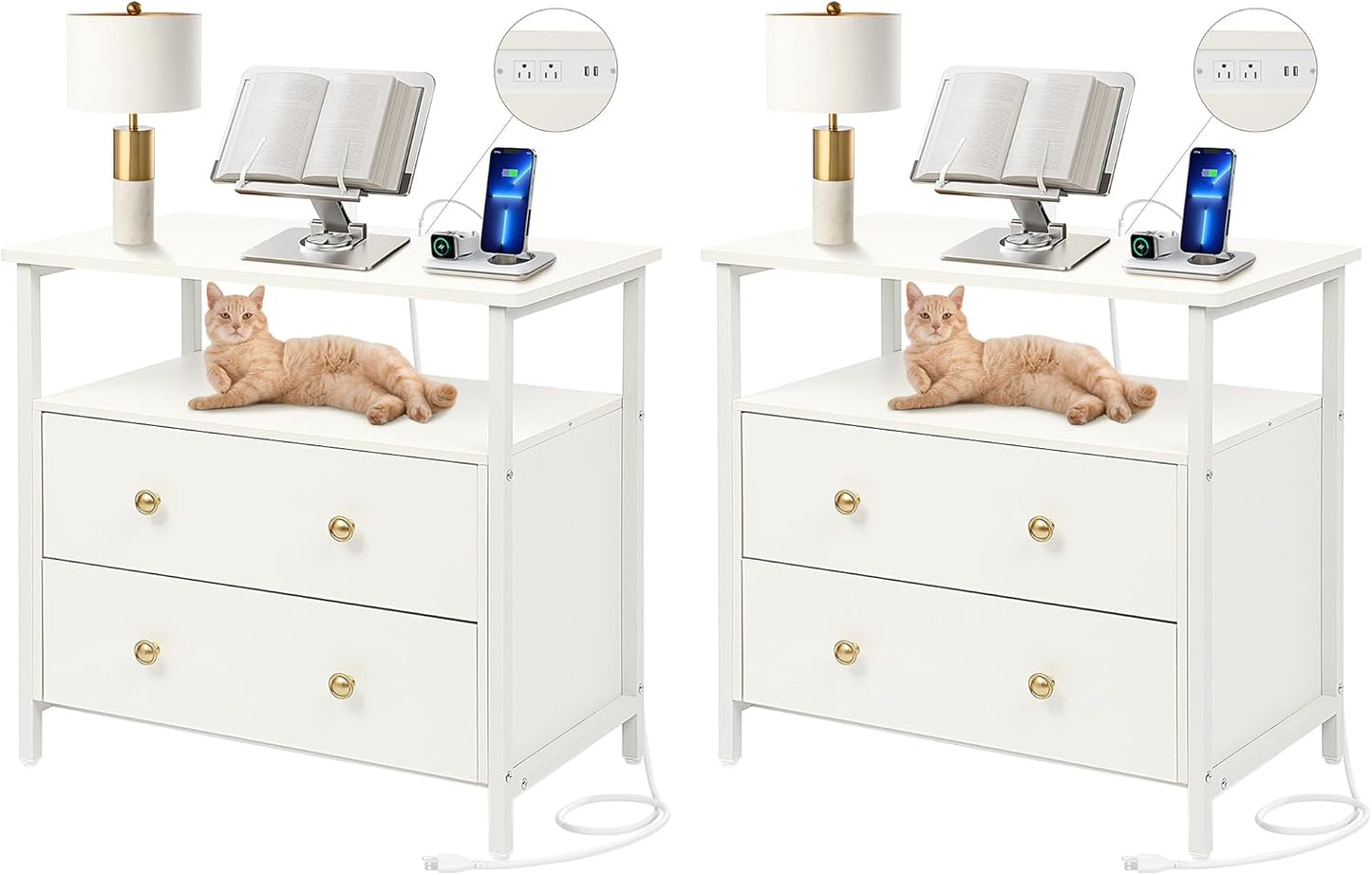 27 inch Wide Nightstand with Charging Station, Bedside Table with Open Shelf, 2 Drawers Small Wood Dresser, End Side Table for Bedroom (White)