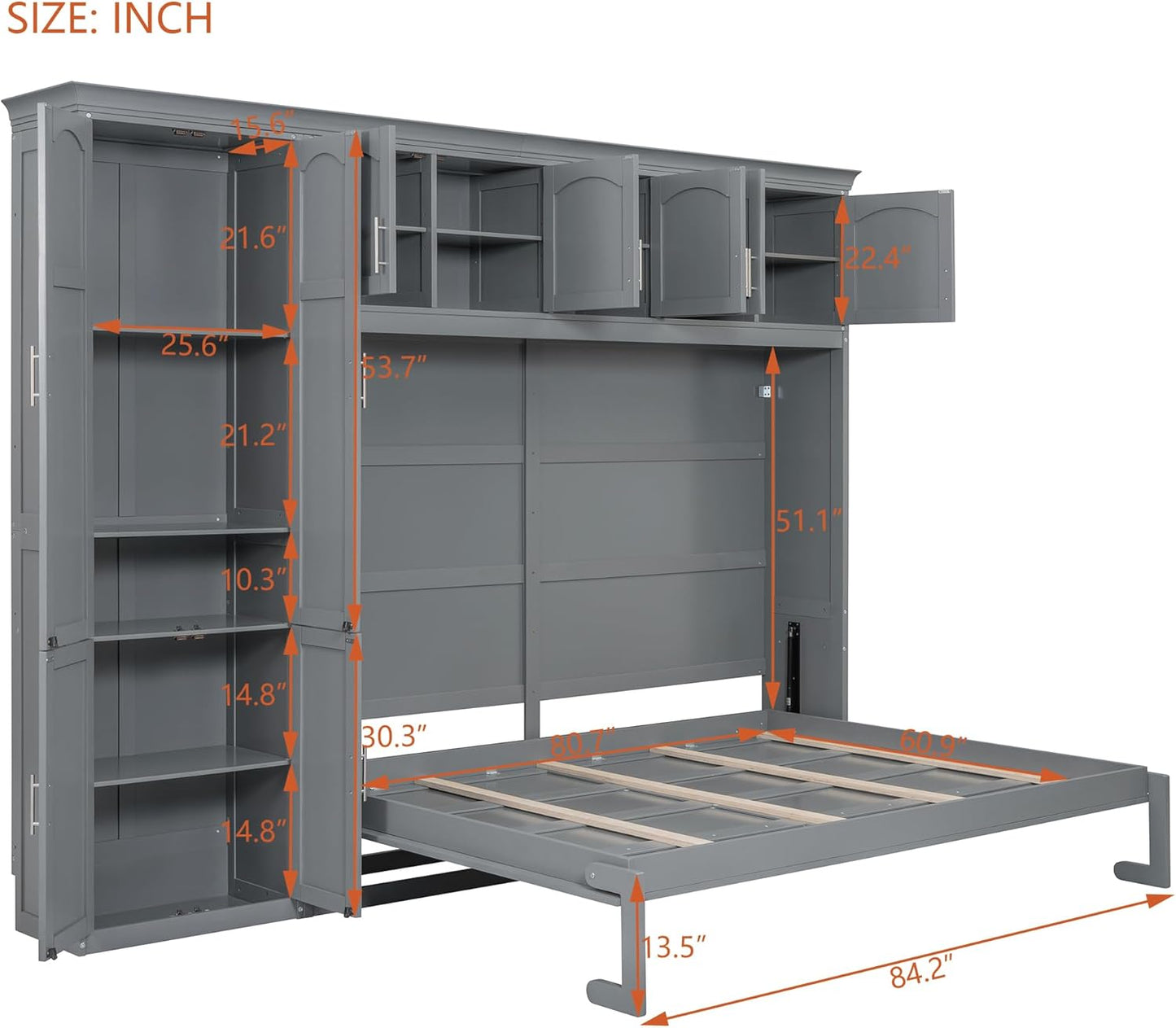 Horizontal Murphy Bed Cabinet Queen Size with Storage, Hidden Wall Bed Queen with Closet and Cabinet for Adults, No Box Spring Needed, Grey