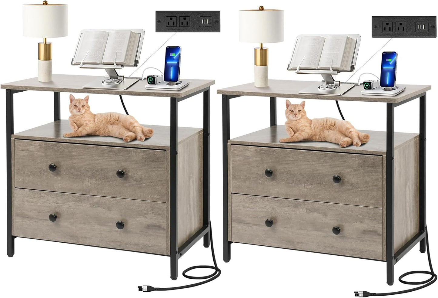 27 inch Wide Nightstand with Charging Station, Bedside Table with Open Shelf, 2 Drawers Small Wood Dresser, End Side Table for Bedroom (White)