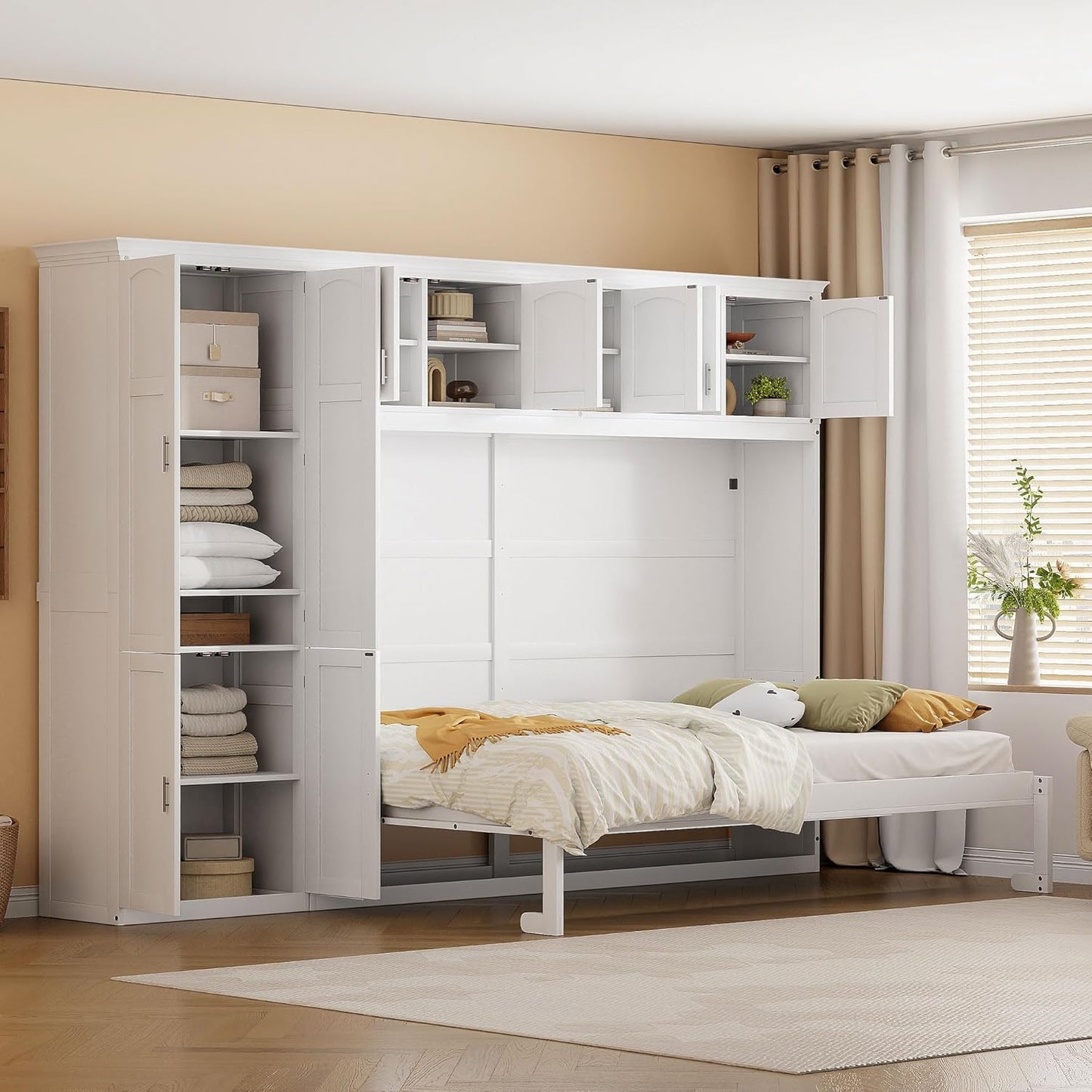 Horizontal Murphy Bed Cabinet Queen Size with Storage, Hidden Wall Bed Queen with Closet and Cabinet for Adults, No Box Spring Needed, Grey