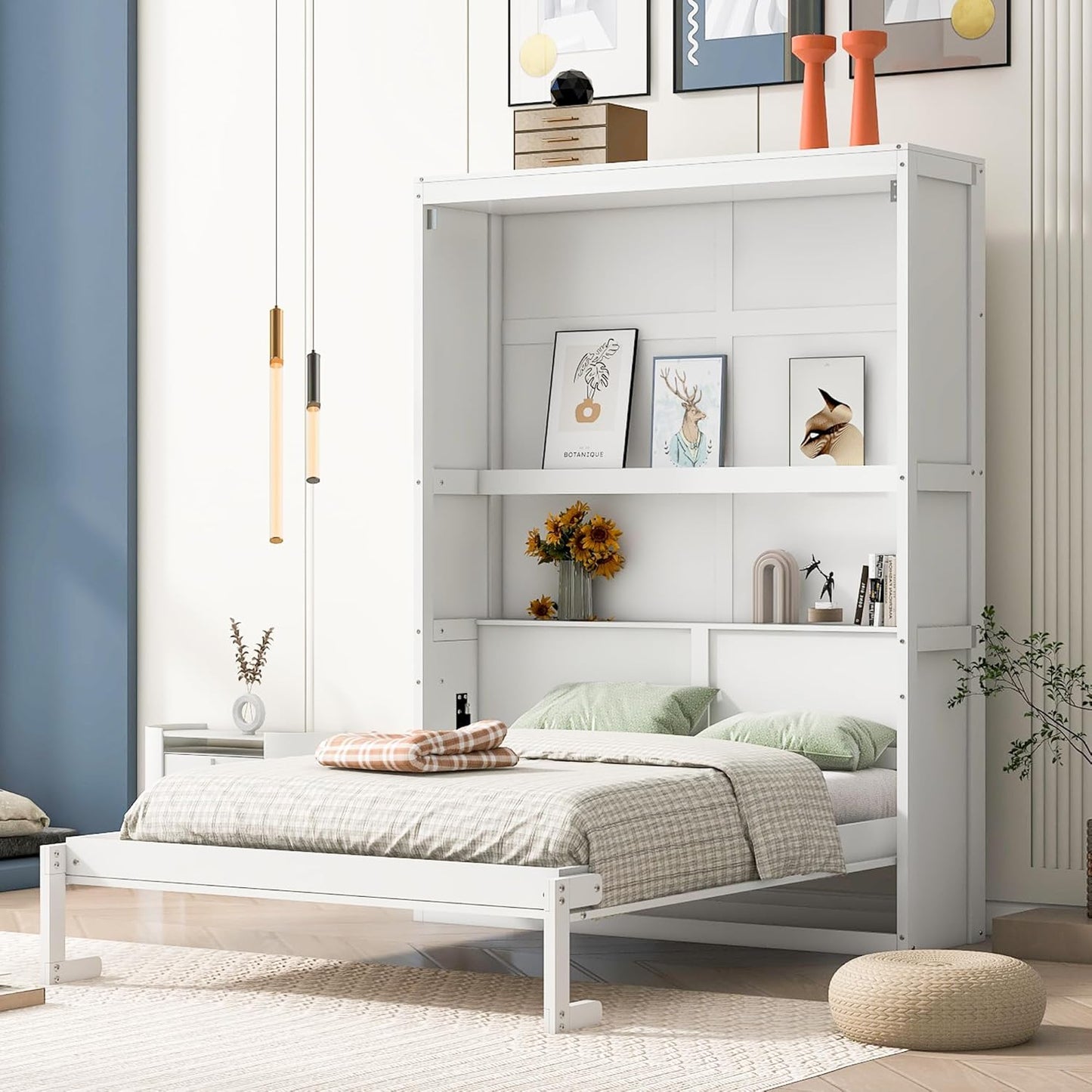 Horizontal Murphy Bed Cabinet Queen Size with Storage, Hidden Wall Bed Queen with Closet and Cabinet for Adults, No Box Spring Needed, Grey