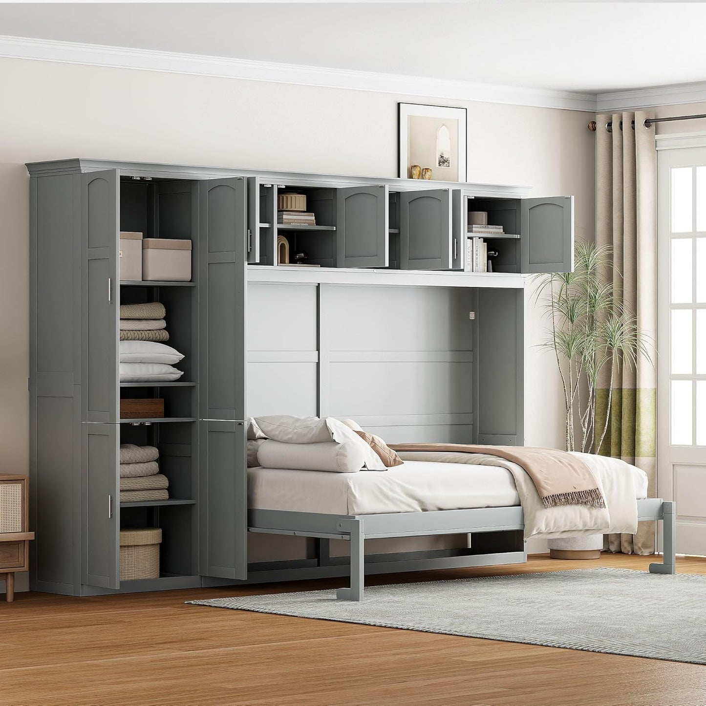 Horizontal Murphy Bed Cabinet Queen Size with Storage, Hidden Wall Bed Queen with Closet and Cabinet for Adults, No Box Spring Needed, Grey
