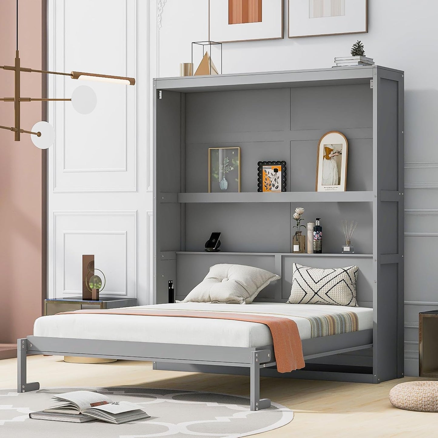 Horizontal Murphy Bed Cabinet Queen Size with Storage, Hidden Wall Bed Queen with Closet and Cabinet for Adults, No Box Spring Needed, Grey