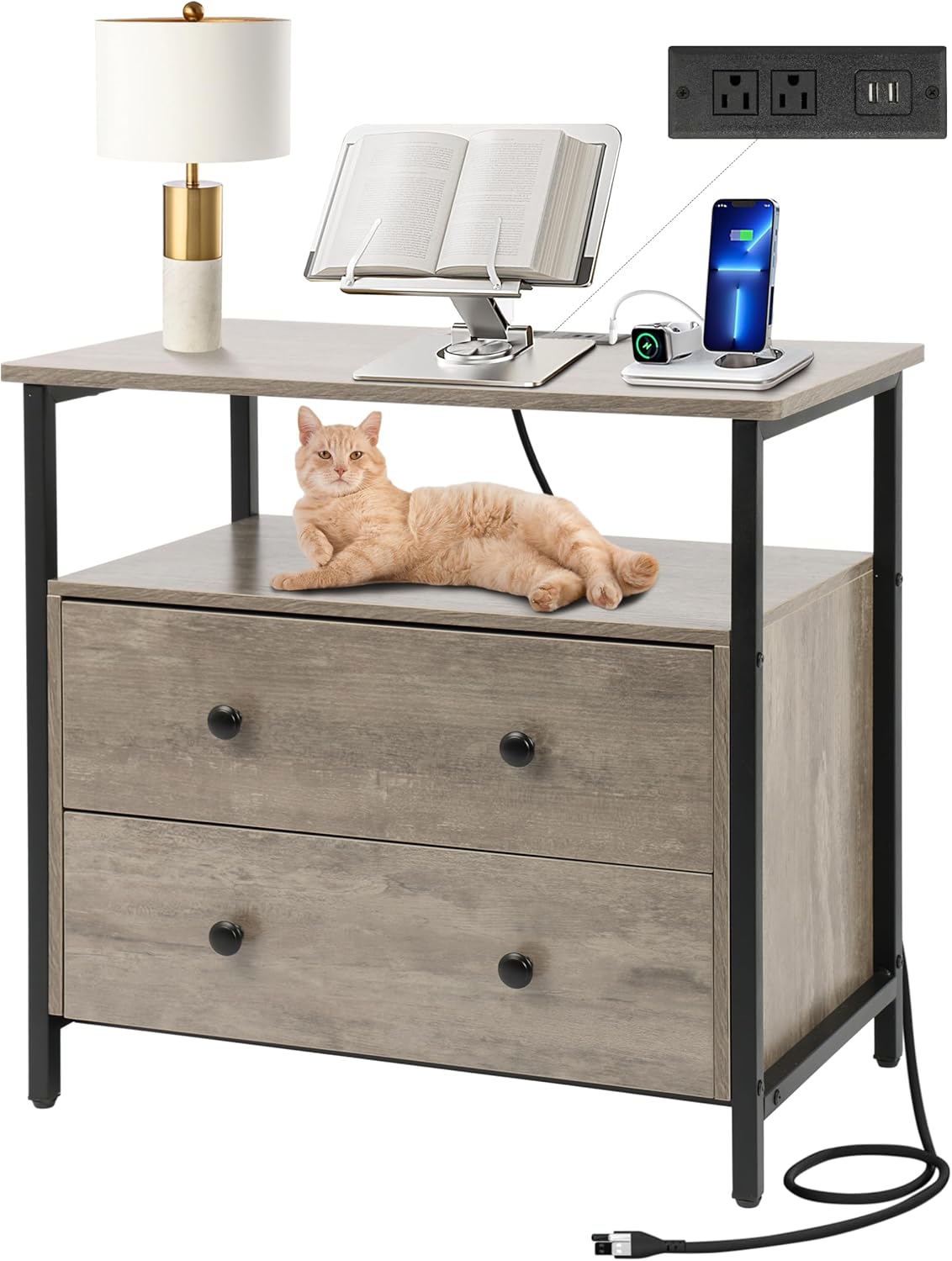 27 inch Wide Nightstand with Charging Station, Bedside Table with Open Shelf, 2 Drawers Small Wood Dresser, End Side Table for Bedroom (White)