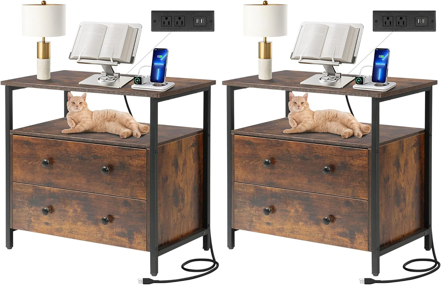 27 inch Wide Nightstand with Charging Station, Bedside Table with Open Shelf, 2 Drawers Small Wood Dresser, End Side Table for Bedroom (White)