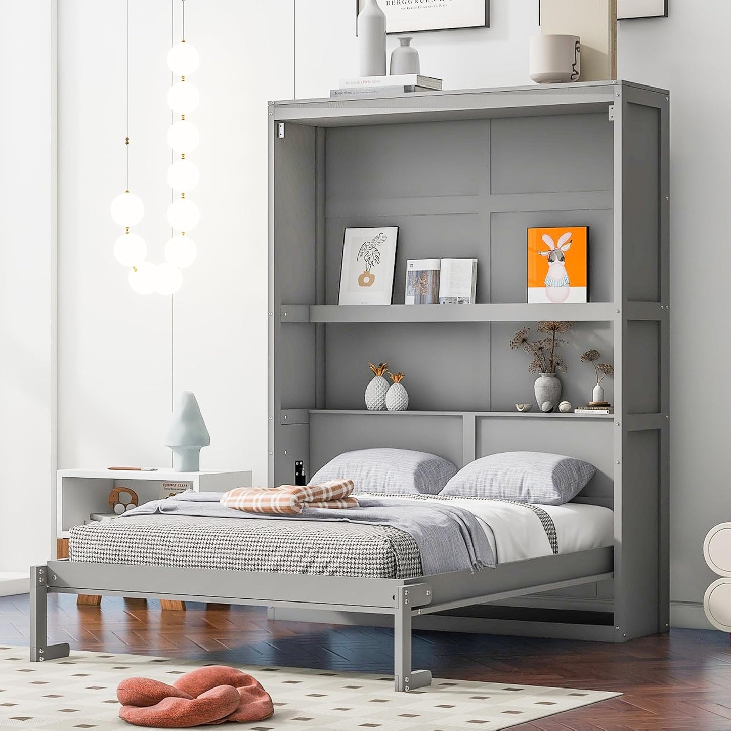Horizontal Murphy Bed Cabinet Queen Size with Storage, Hidden Wall Bed Queen with Closet and Cabinet for Adults, No Box Spring Needed, Grey