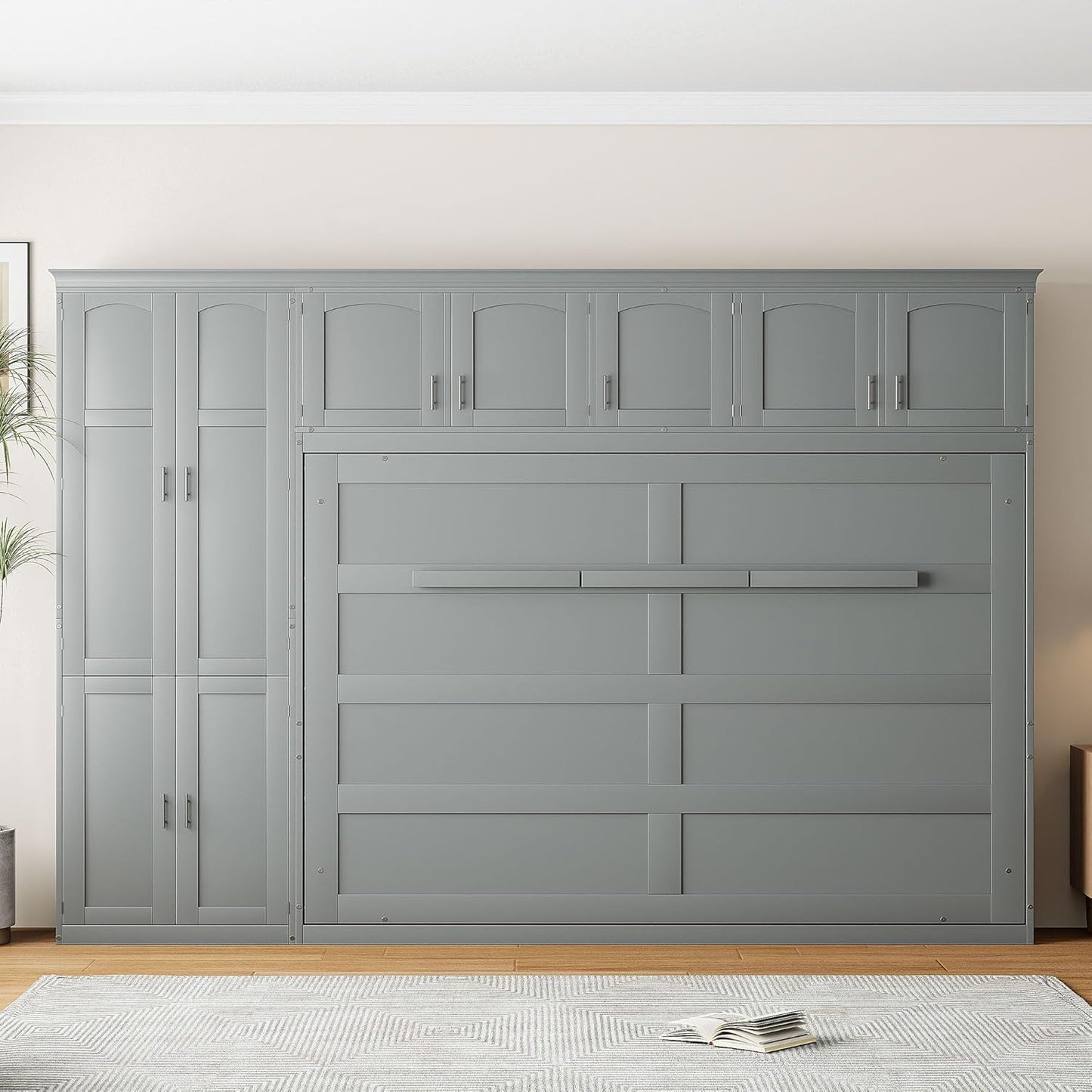 Horizontal Murphy Bed Cabinet Queen Size with Storage, Hidden Wall Bed Queen with Closet and Cabinet for Adults, No Box Spring Needed, Grey