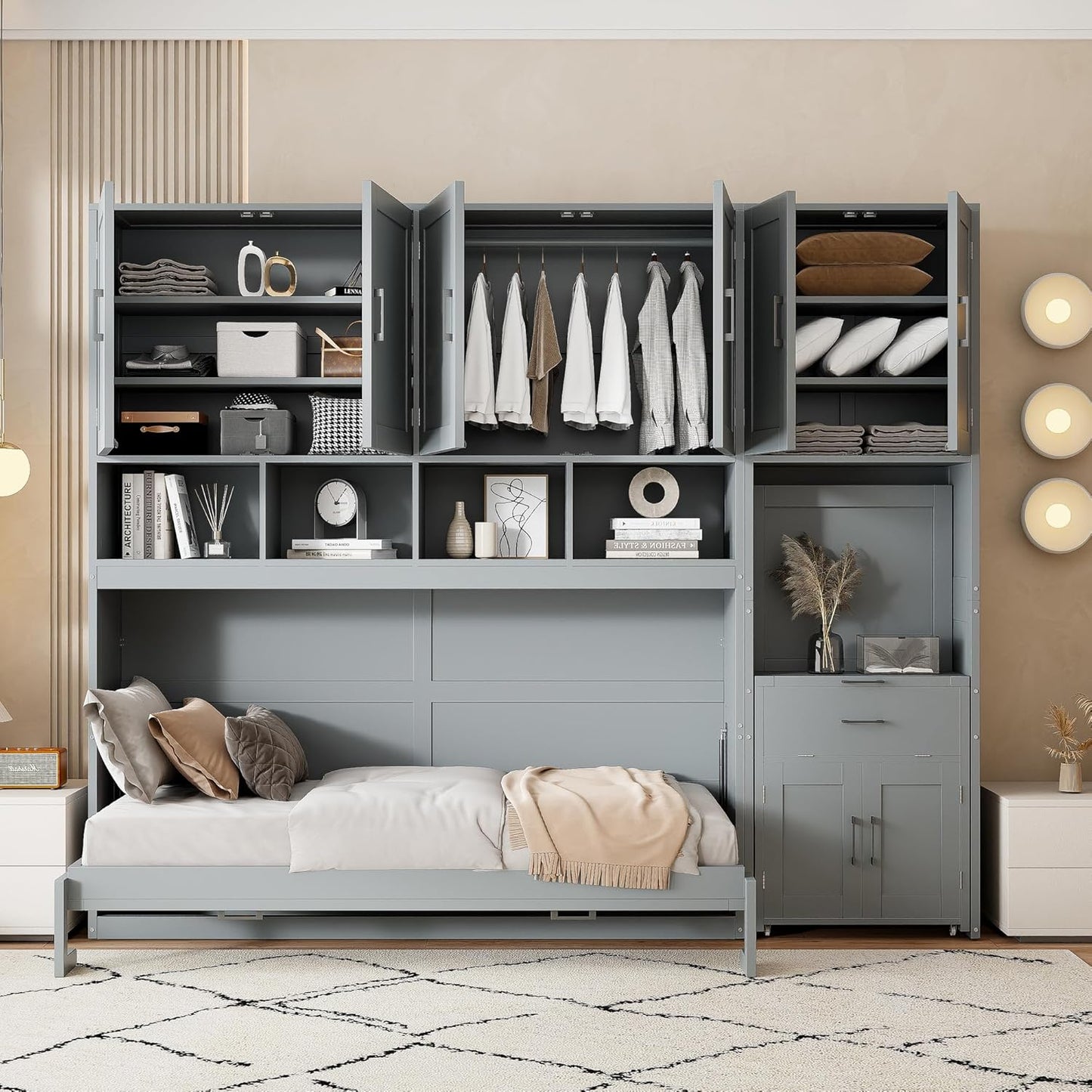 Horizontal Murphy Bed Cabinet Queen Size with Storage, Hidden Wall Bed Queen with Closet and Cabinet for Adults, No Box Spring Needed, Grey