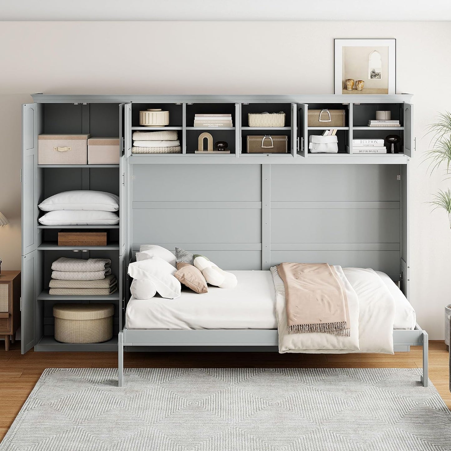 Horizontal Murphy Bed Cabinet Queen Size with Storage, Hidden Wall Bed Queen with Closet and Cabinet for Adults, No Box Spring Needed, Grey