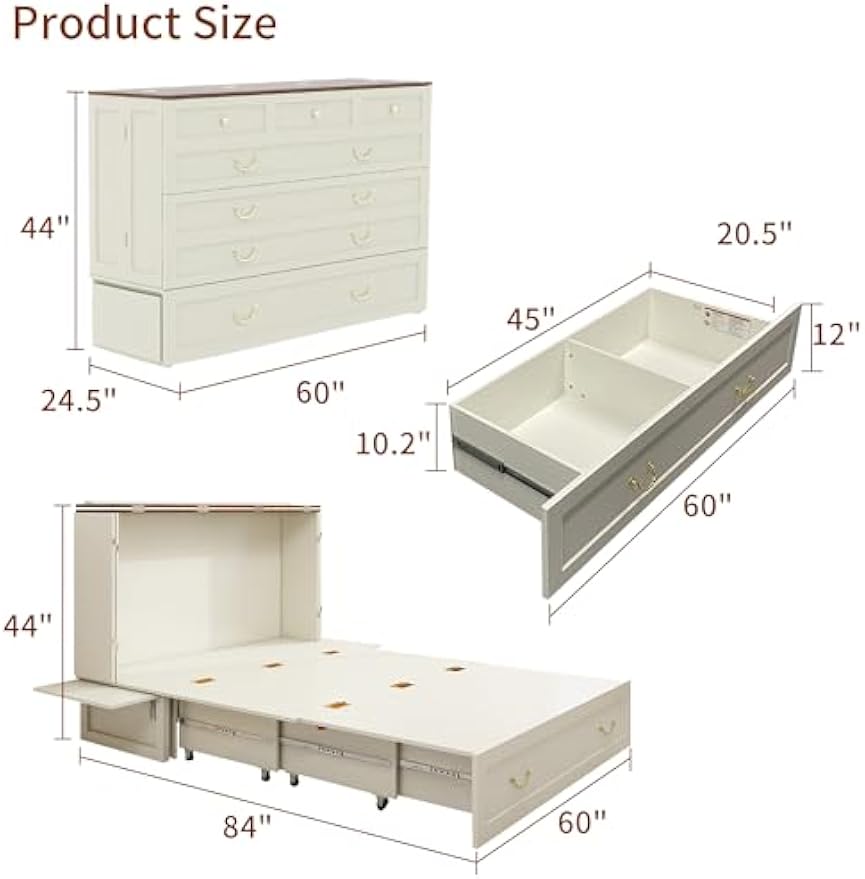 Queen Murphy Bed, Murphy Bed Cabinet with 2 USB & 2 Charging Ports, Large Storage Drawer and Shelves for Home Office or Guest Room, Warm White (Mattress Not Include)