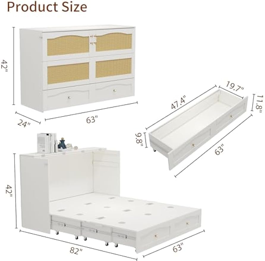 Queen Size Murphy Bed Queen Murphy Cabinet Bed with 2 Large Storage Drawers Murphy Cabinet Chest Bed Queen Hidden Mobile Chest with Space Saving for Bedroom Guest Room, 82"x 63"x42" White