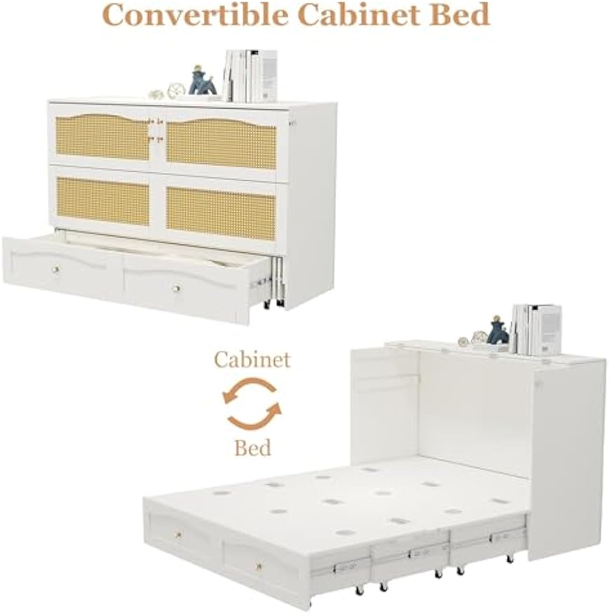 Queen Size Murphy Bed Queen Murphy Cabinet Bed with 2 Large Storage Drawers Murphy Cabinet Chest Bed Queen Hidden Mobile Chest with Space Saving for Bedroom Guest Room, 82"x 63"x42" White