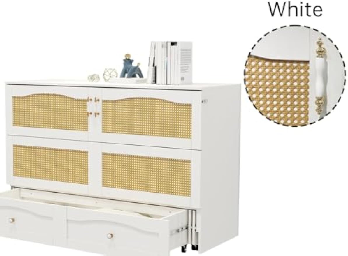 Queen Size Murphy Bed Queen Murphy Cabinet Bed with 2 Large Storage Drawers Murphy Cabinet Chest Bed Queen Hidden Mobile Chest with Space Saving for Bedroom Guest Room, 82"x 63"x42" White