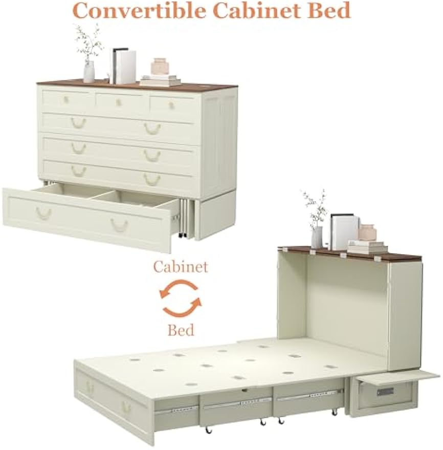 Queen Murphy Bed, Murphy Bed Cabinet with 2 USB & 2 Charging Ports, Large Storage Drawer and Shelves for Home Office or Guest Room, Warm White (Mattress Not Include)