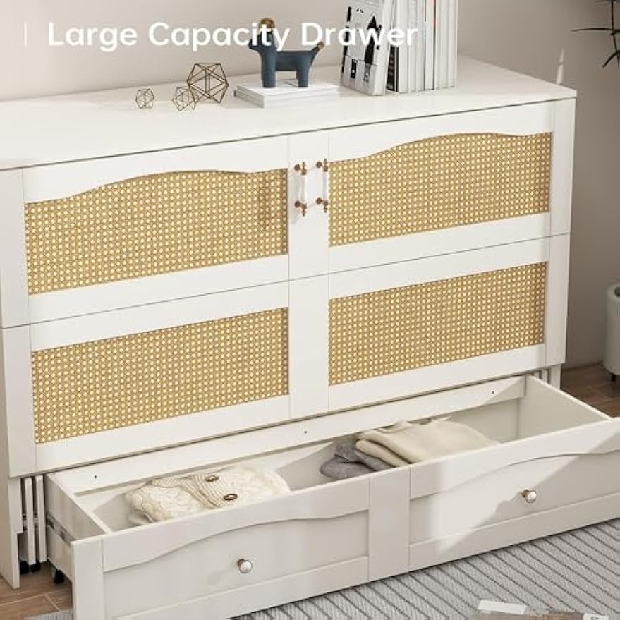 Queen Size Murphy Bed Queen Murphy Cabinet Bed with 2 Large Storage Drawers Murphy Cabinet Chest Bed Queen Hidden Mobile Chest with Space Saving for Bedroom Guest Room, 82"x 63"x42" White