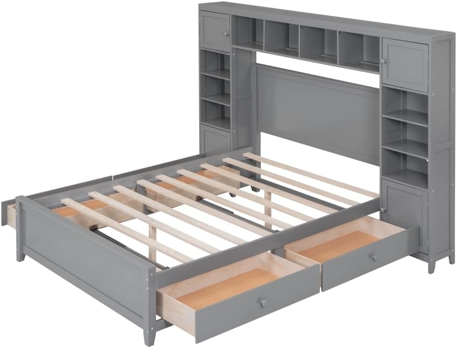 Full Size Platform Bed with All-in-One Bed Head Cabinet and Shelf,Solid Wood Bed Frame with 4 Drawers and 4 Cabinets,Storage Bed with Sturdy Slats Support,for Kids Teens Adult Bedroom