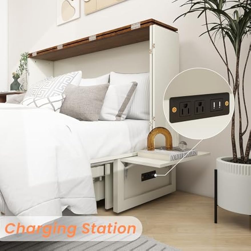 Queen Murphy Bed, Murphy Bed Cabinet with 2 USB & 2 Charging Ports, Large Storage Drawer and Shelves for Home Office or Guest Room, Warm White (Mattress Not Include)