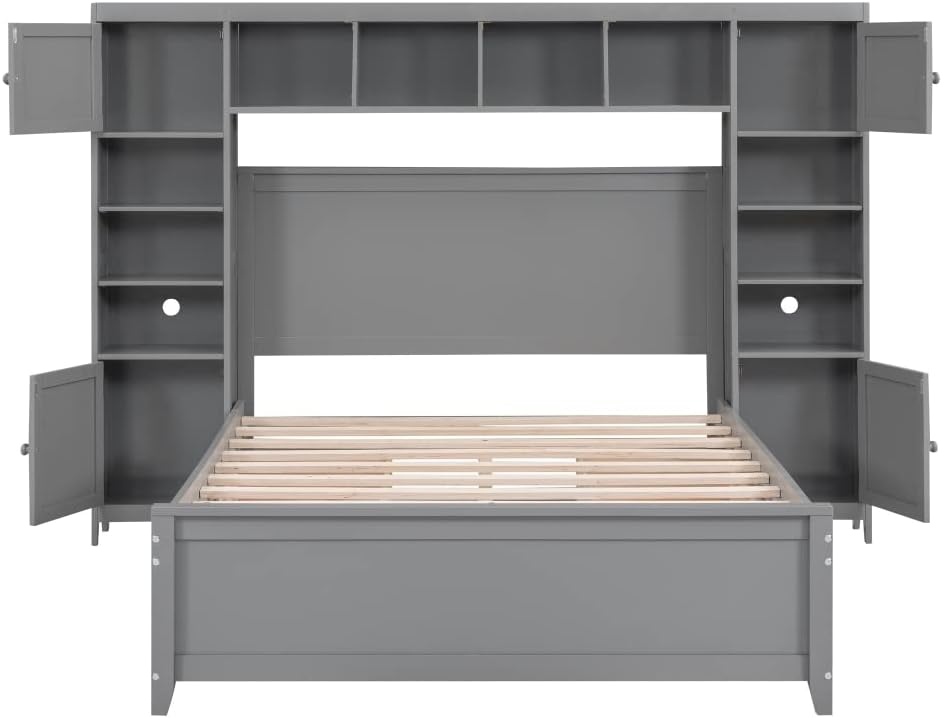 Full Size Platform Bed with All-in-One Bed Head Cabinet and Shelf,Solid Wood Bed Frame with 4 Drawers and 4 Cabinets,Storage Bed with Sturdy Slats Support,for Kids Teens Adult Bedroom