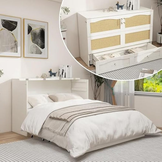 Queen Size Murphy Bed Queen Murphy Cabinet Bed with 2 Large Storage Drawers Murphy Cabinet Chest Bed Queen Hidden Mobile Chest with Space Saving for Bedroom Guest Room, 82"x 63"x42" White