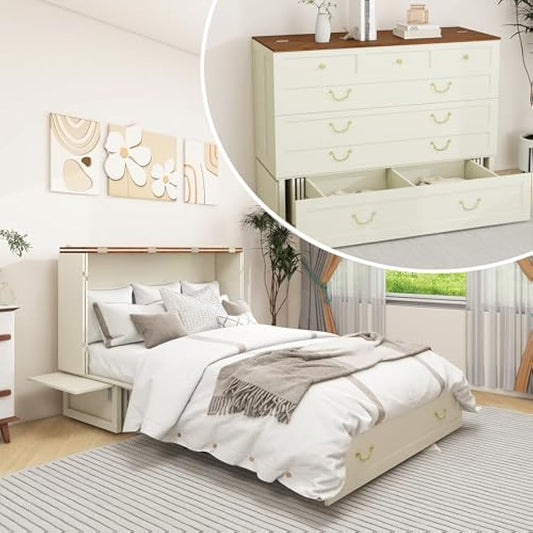 Queen Murphy Bed, Murphy Bed Cabinet with 2 USB & 2 Charging Ports, Large Storage Drawer and Shelves for Home Office or Guest Room, Warm White (Mattress Not Include)