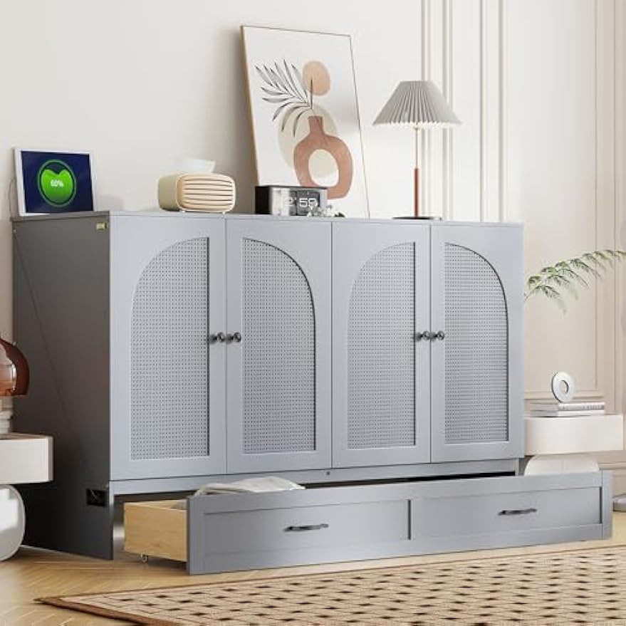 Merax Queen Size Murphy Bed Cabinet with Charging Station and Large Storage Drawer, Foldable Pull Out Murphy Chest Bed for Apartments, Bedrooms, Studio, No Spring Box Needed, Gray
