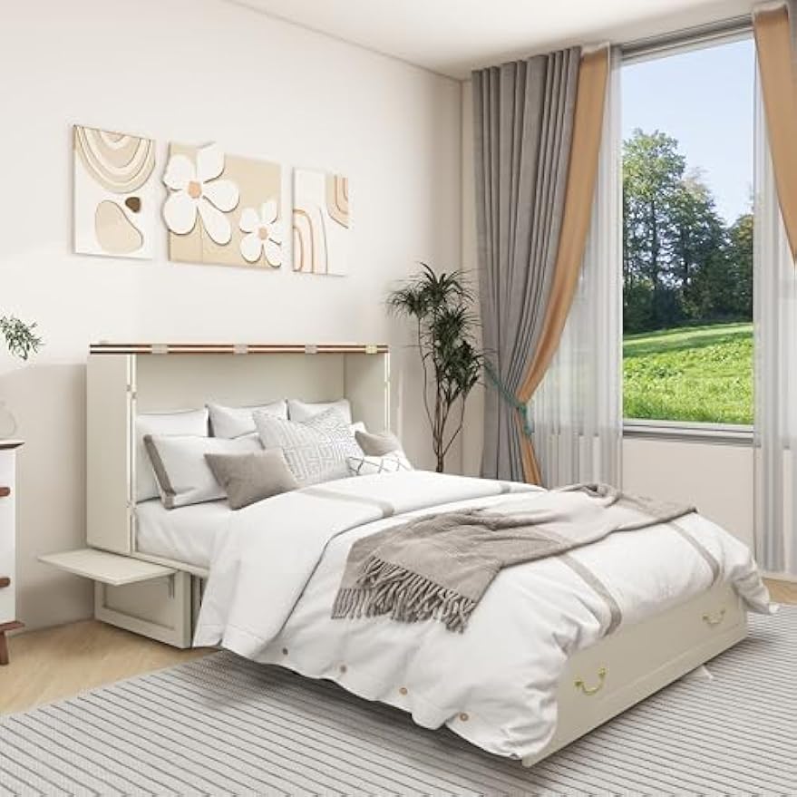 Queen Murphy Bed, Murphy Bed Cabinet with 2 USB & 2 Charging Ports, Large Storage Drawer and Shelves for Home Office or Guest Room, Warm White (Mattress Not Include)
