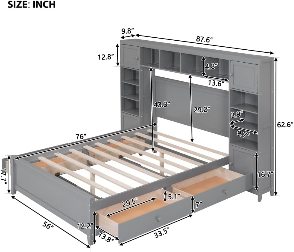 Full Size Platform Bed with All-in-One Bed Head Cabinet and Shelf,Solid Wood Bed Frame with 4 Drawers and 4 Cabinets,Storage Bed with Sturdy Slats Support,for Kids Teens Adult Bedroom