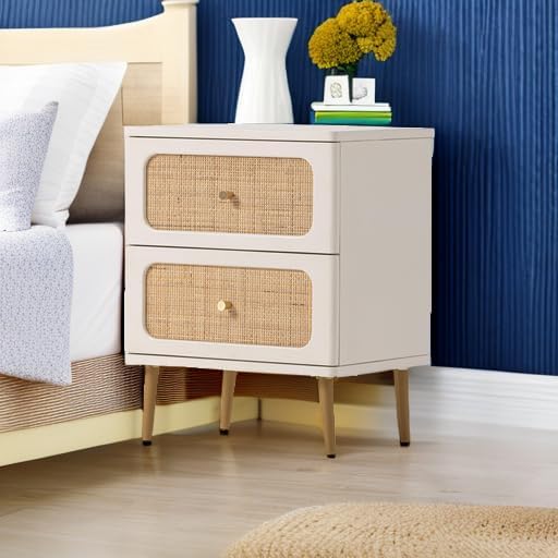 LONYKE Wicker Rattan Nightstand, 2-Drawer End Table Cream White Finish Side Table for Small Spaces, Modern Farmhouse Wooden Bedside Table, Boho Mid-Century Coastal Storage Cabinet