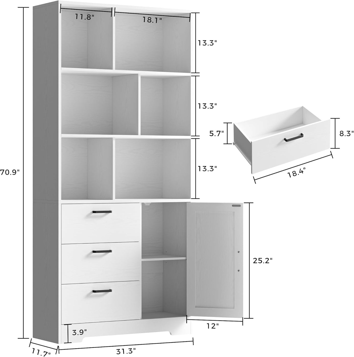 IRONCK Bookshelf with Drawers, 70.9 inch Tall Bookcase with Doors, Bookshelves and Bookcases with Storage, Bookshelf with 6 Open Cubes for Home Office, Living Room, Study, White