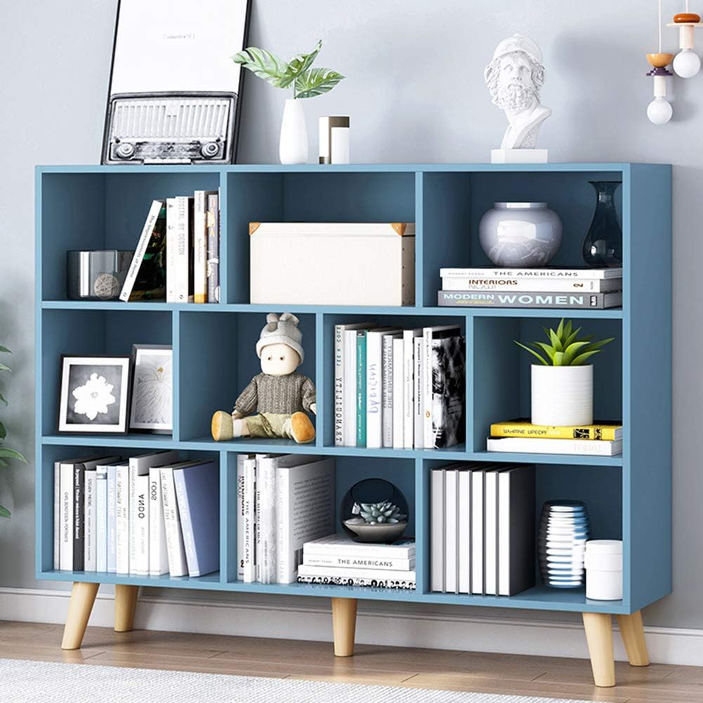 IOTXY Wooden Open Shelf Bookcase - 3-Tier Floor Standing Display Cabinet Rack with Legs, 10 Cubes Bookshelf, Pear Yellow