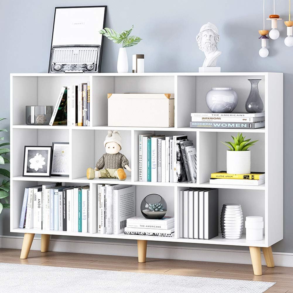 IOTXY Wooden Open Shelf Bookcase - 3-Tier Floor Standing Display Cabinet Rack with Legs, 10 Cubes Bookshelf, Pear Yellow
