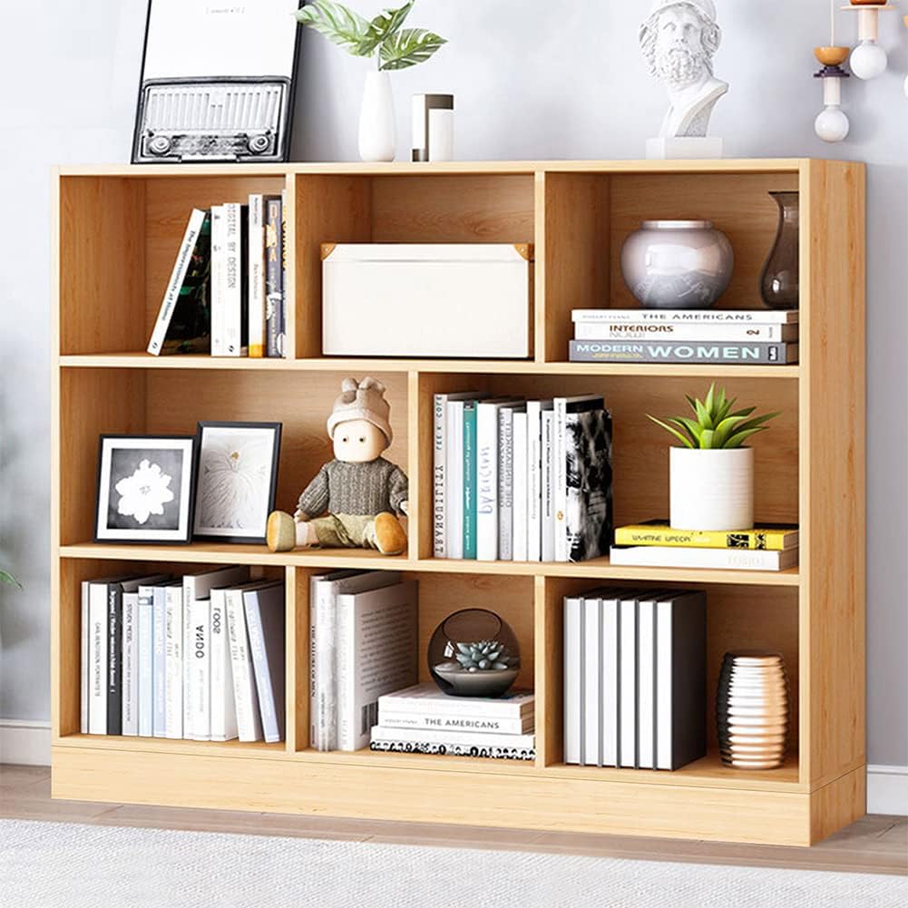 IOTXY Wooden Open Shelf Bookcase - 3-Tier Floor Standing Display Cabinet Rack with Legs, 10 Cubes Bookshelf, Pear Yellow