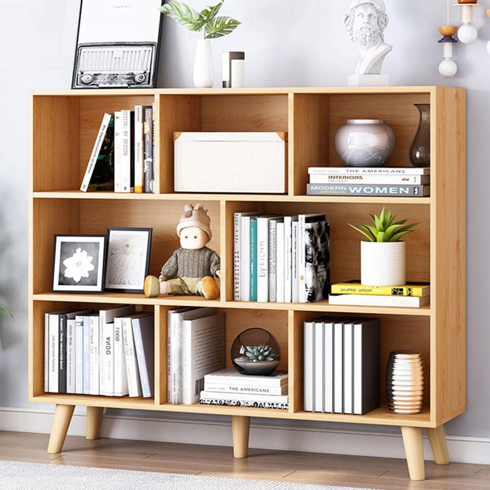 IOTXY Wooden Open Shelf Bookcase - 3-Tier Floor Standing Display Cabinet Rack with Legs, 10 Cubes Bookshelf, Pear Yellow