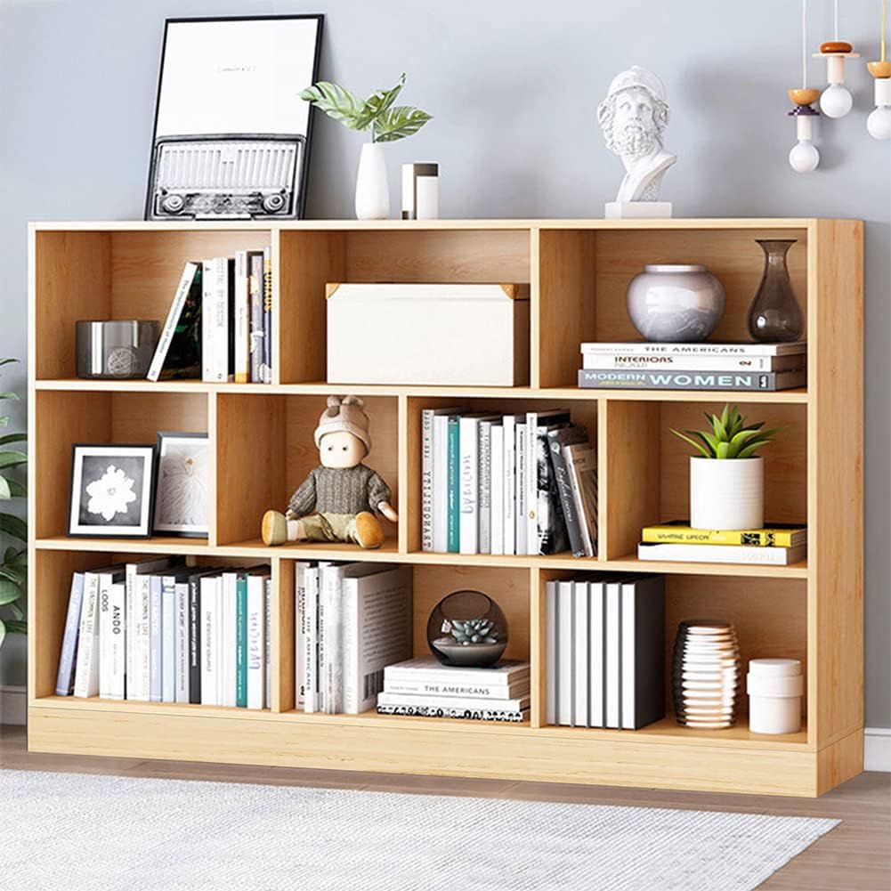 IOTXY Wooden Open Shelf Bookcase - 3-Tier Floor Standing Display Cabinet Rack with Legs, 10 Cubes Bookshelf, Pear Yellow