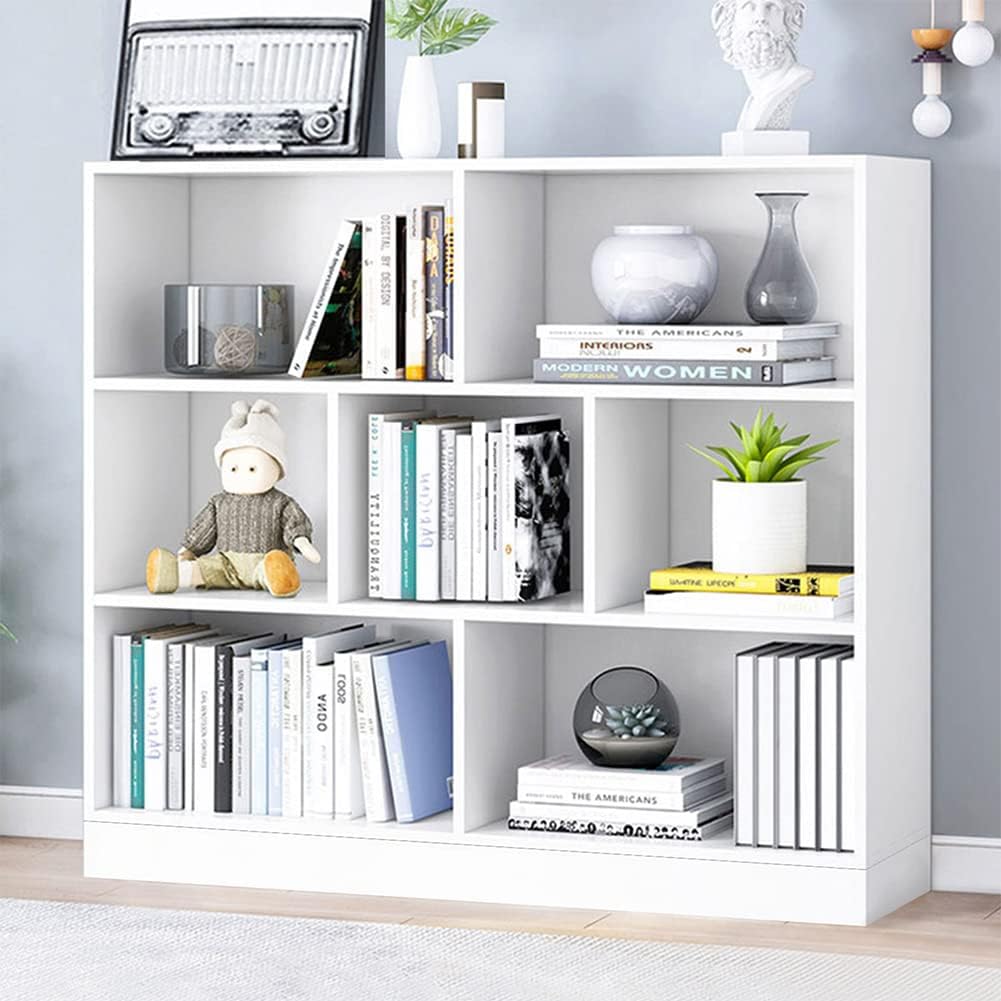 IOTXY Wooden Open Shelf Bookcase - 3-Tier Floor Standing Display Cabinet Rack with Legs, 10 Cubes Bookshelf, Pear Yellow