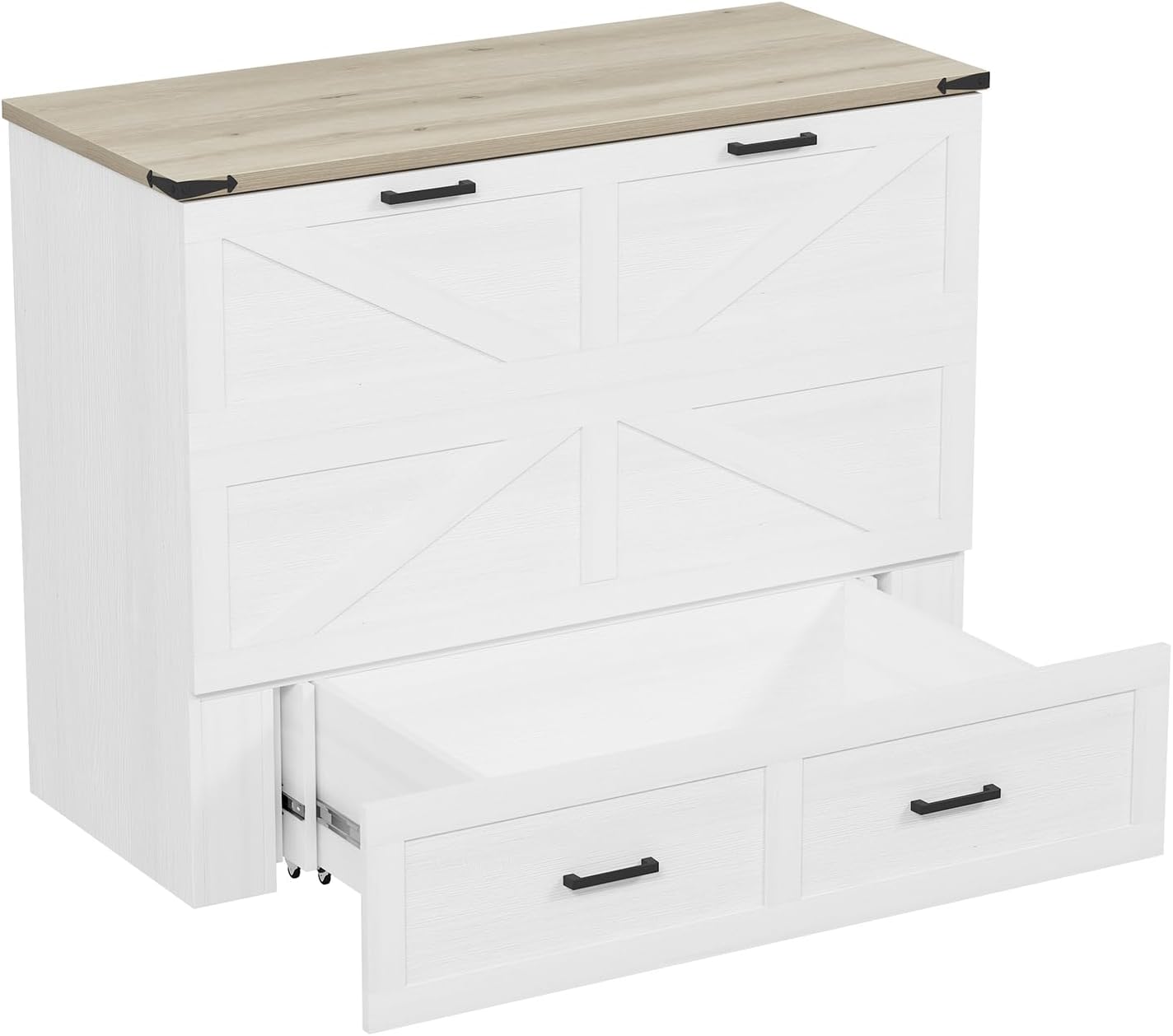 Full Size Farmhouse Murphy Cabinet Bed with Charging Station, Foldable Platform Bed with Large Storage Drawer for Guest-Room, Small Bedroom