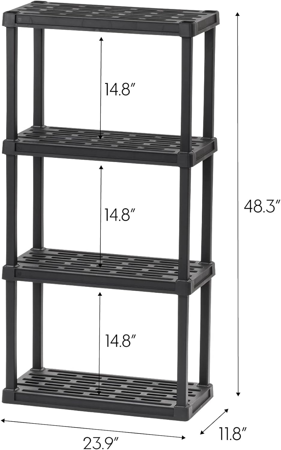 IRIS USA 4-Shelf Light Duty Plastic Storage Shelves, 200lb Capacity, 48"H x 24"W x 12"D, Medium Modular Shelving Unit Storage Organizer for Garage, Home, Bathroom & Laundry, Storage Rack - Black
