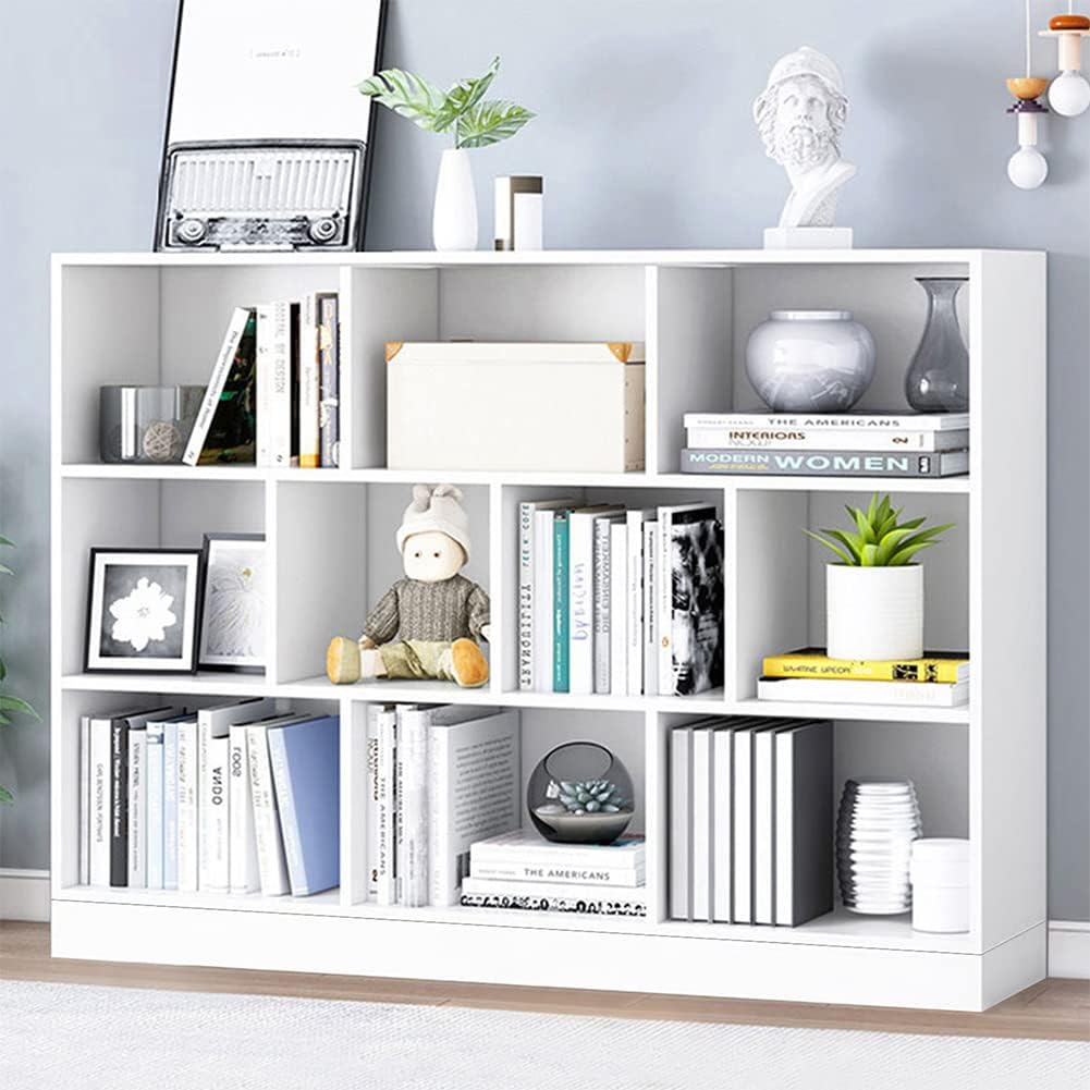 IOTXY Wooden Open Shelf Bookcase - 3-Tier Floor Standing Display Cabinet Rack with Legs, 10 Cubes Bookshelf, Pear Yellow