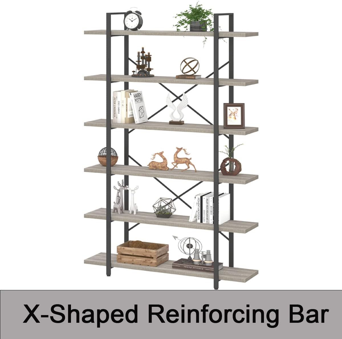 HSH 6 Tier Tall Bookshelf, Metal Wood Vertical Display Book Shelf, Industrial 6 Shelf Bookcases and Book Shelves Storage Rack, Large Open Book Case for Bedroom Living Room Office, Light Grey Oak