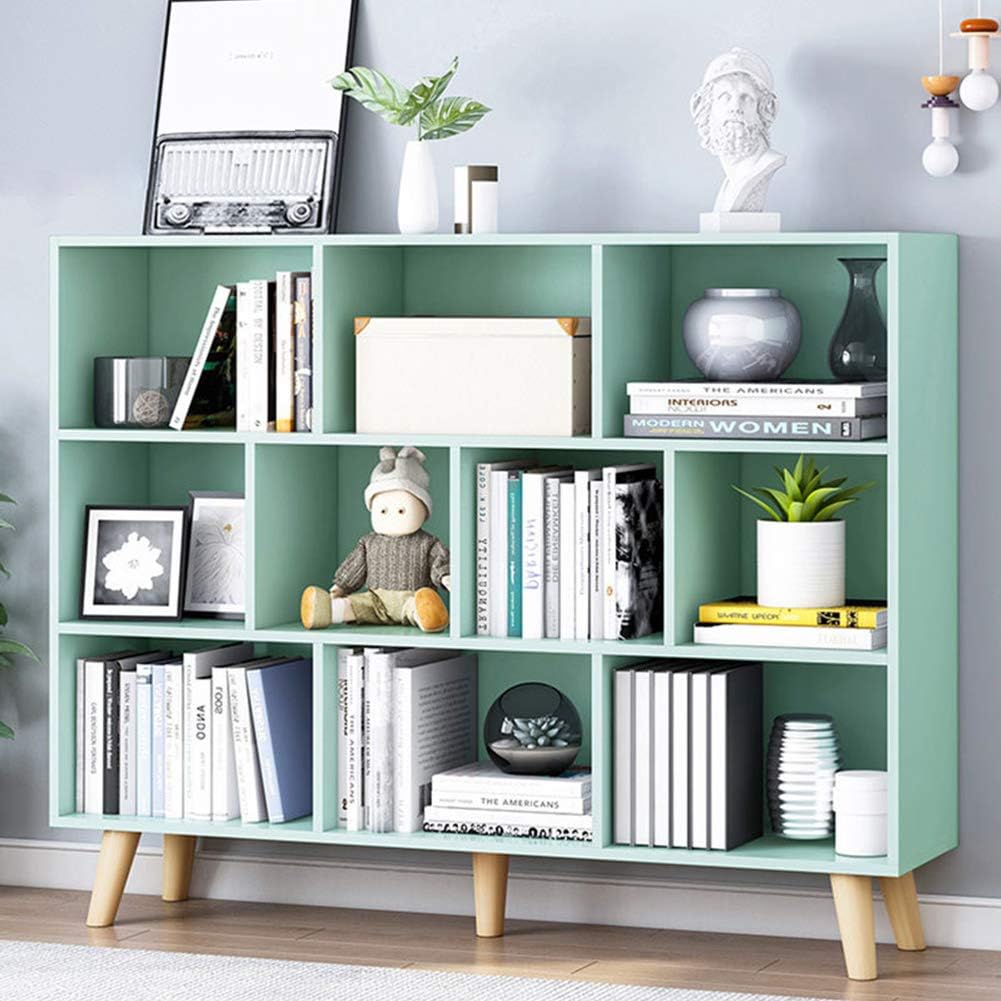 IOTXY Wooden Open Shelf Bookcase - 3-Tier Floor Standing Display Cabinet Rack with Legs, 10 Cubes Bookshelf, Pear Yellow