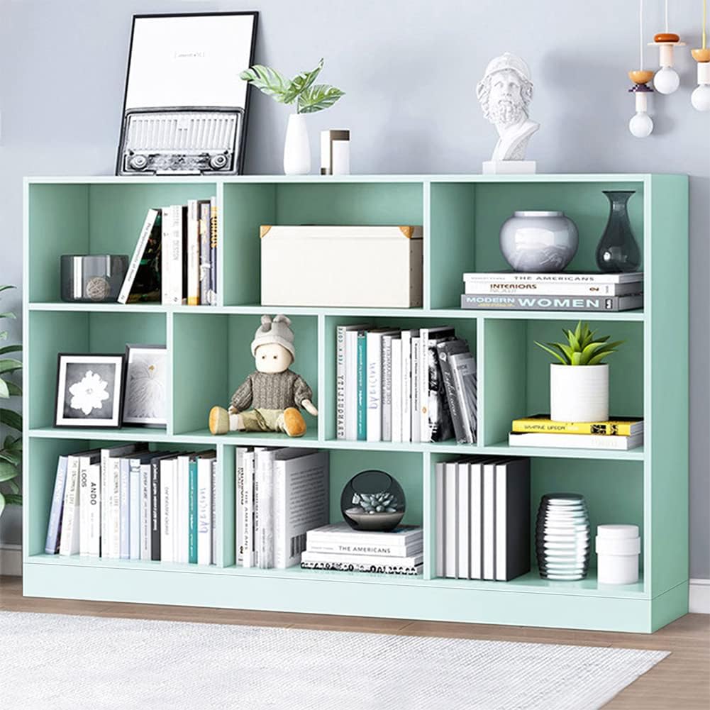 IOTXY Wooden Open Shelf Bookcase - 3-Tier Floor Standing Display Cabinet Rack with Legs, 10 Cubes Bookshelf, Pear Yellow