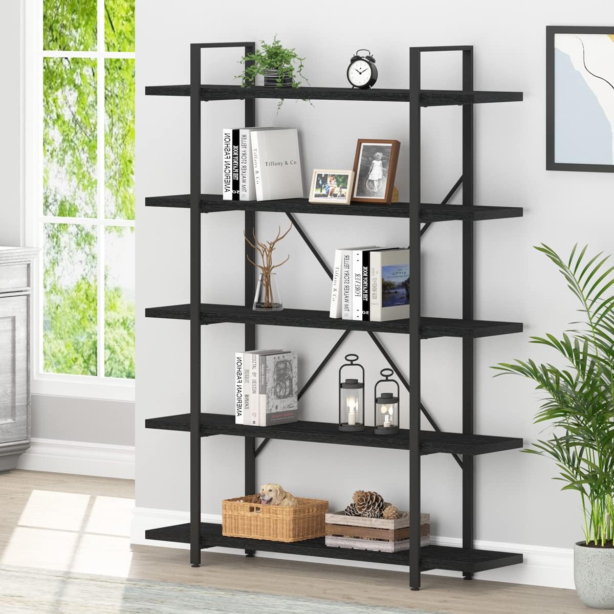 HSH 6 Tier Tall Bookshelf, Metal Wood Vertical Display Book Shelf, Industrial 6 Shelf Bookcases and Book Shelves Storage Rack, Large Open Book Case for Bedroom Living Room Office, Light Grey Oak