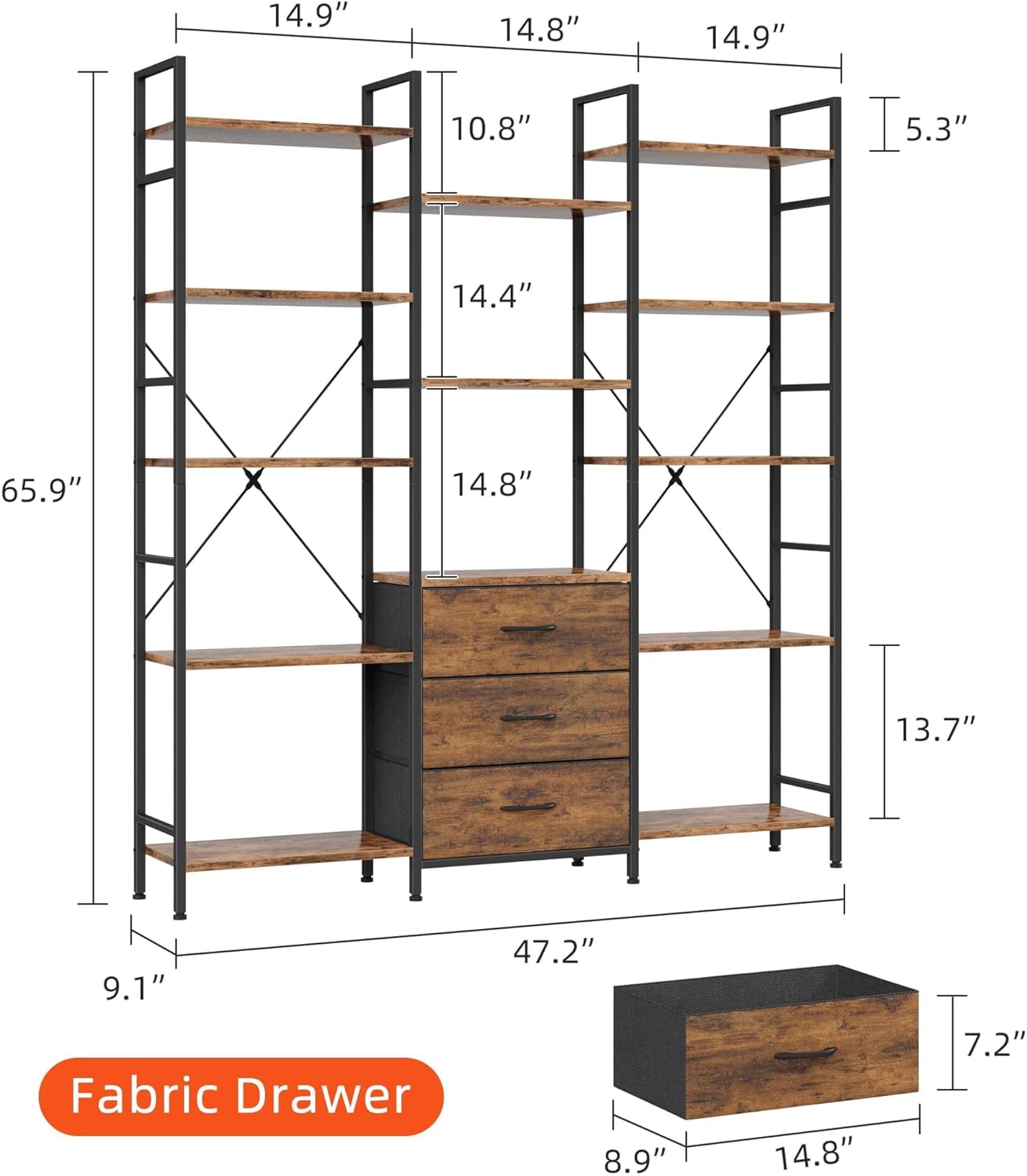Triple Bookshelf with 3 Fabric Drawers, 5-Tier Book Shelf and 10 Display Shelves, Industrial Large Bookcase for Home & Office, Rustic Brown, 47'' Wide
