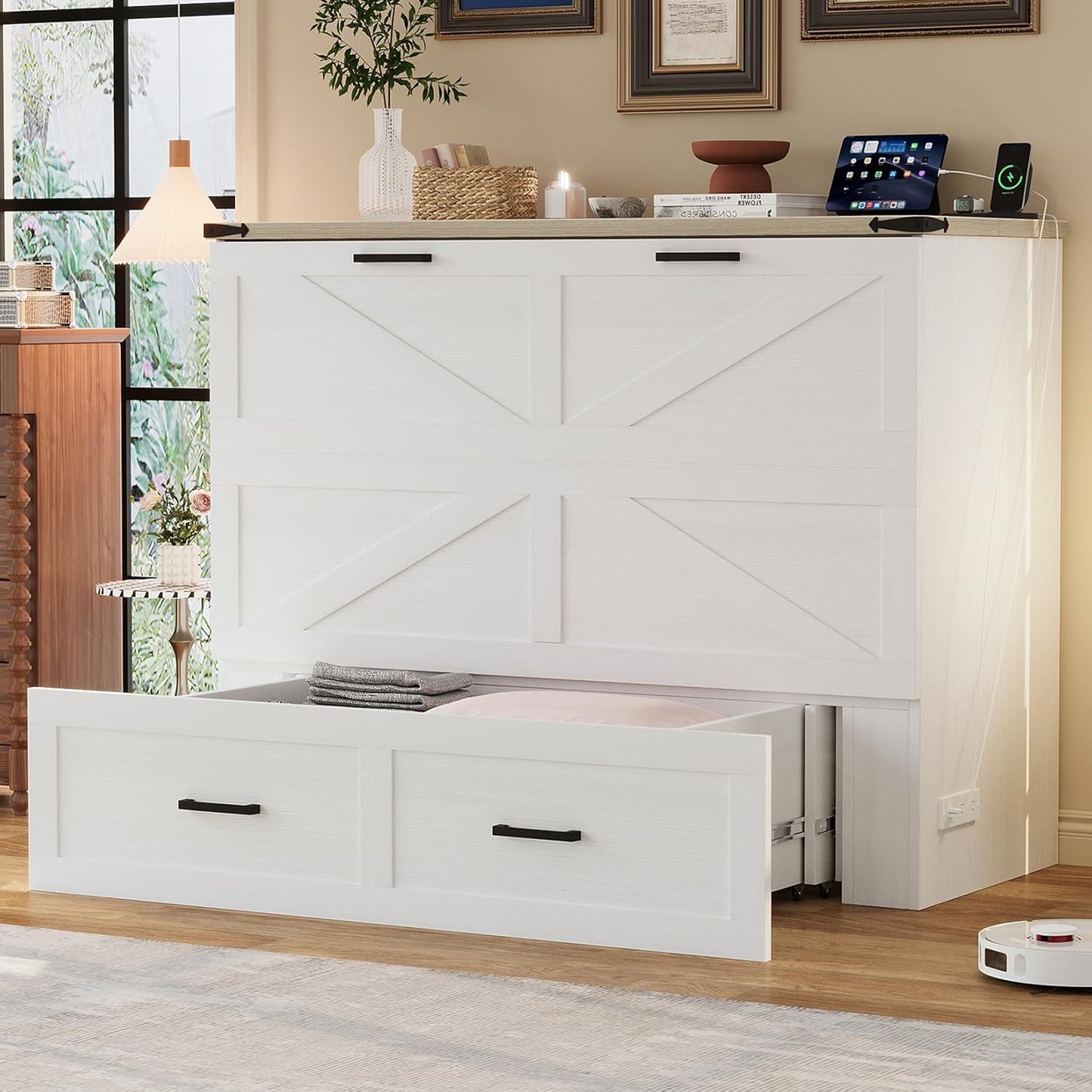 Full Size Farmhouse Murphy Cabinet Bed with Charging Station, Foldable Platform Bed with Large Storage Drawer for Guest-Room, Small Bedroom