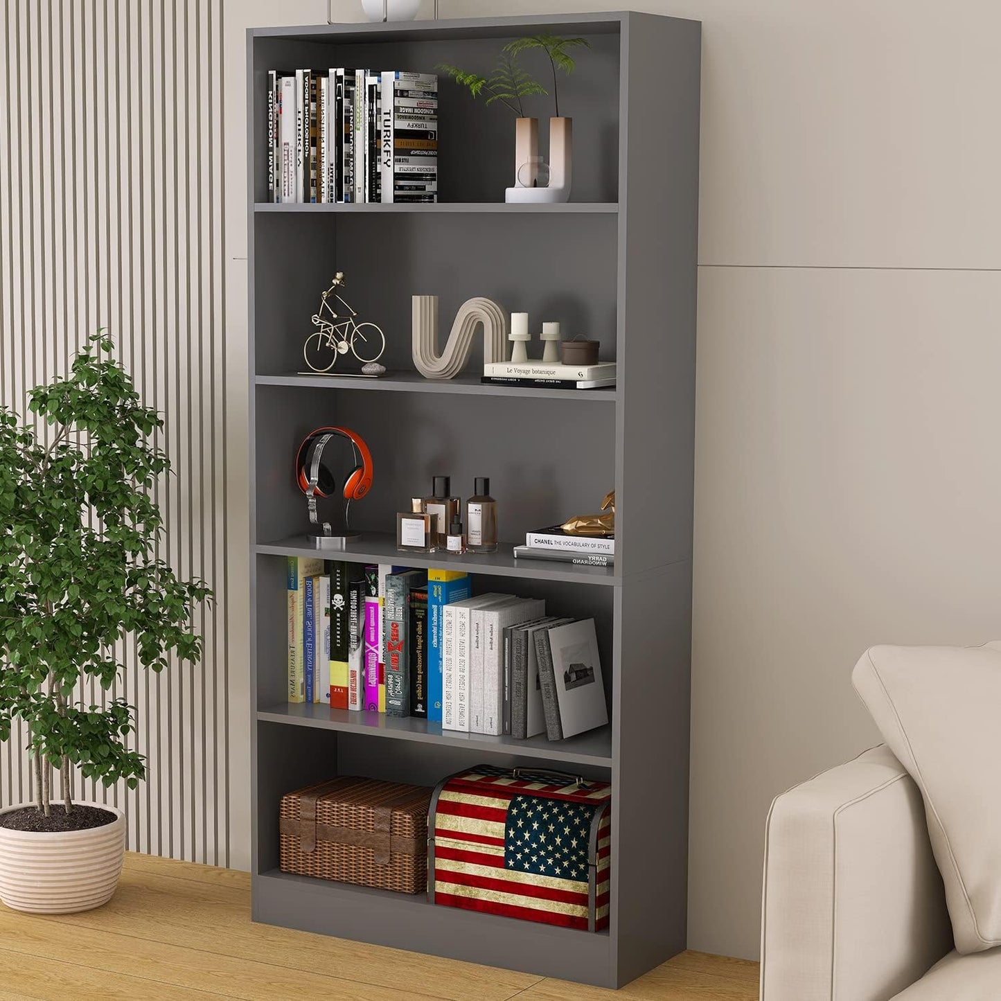 5 Shelf Wood Bookcase Freestanding Bookshelf for Home Office Library Small Narrow Space(11.8" D x 31.5" W x 67.9" H,Brown,5-Layers)