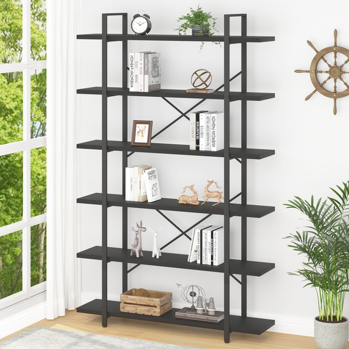 HSH 6 Tier Tall Bookshelf, Metal Wood Vertical Display Book Shelf, Industrial 6 Shelf Bookcases and Book Shelves Storage Rack, Large Open Book Case for Bedroom Living Room Office, Light Grey Oak