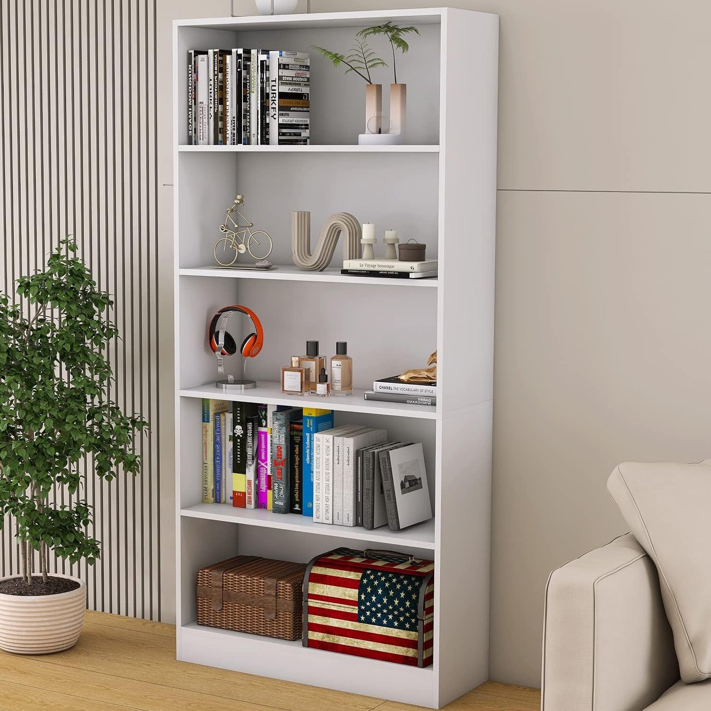 5 Shelf Wood Bookcase Freestanding Bookshelf for Home Office Library Small Narrow Space(11.8" D x 31.5" W x 67.9" H,Brown,5-Layers)