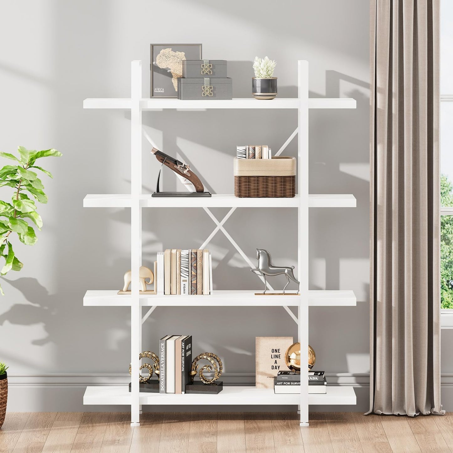 HSH 6 Tier Tall Bookshelf, Metal Wood Vertical Display Book Shelf, Industrial 6 Shelf Bookcases and Book Shelves Storage Rack, Large Open Book Case for Bedroom Living Room Office, Light Grey Oak