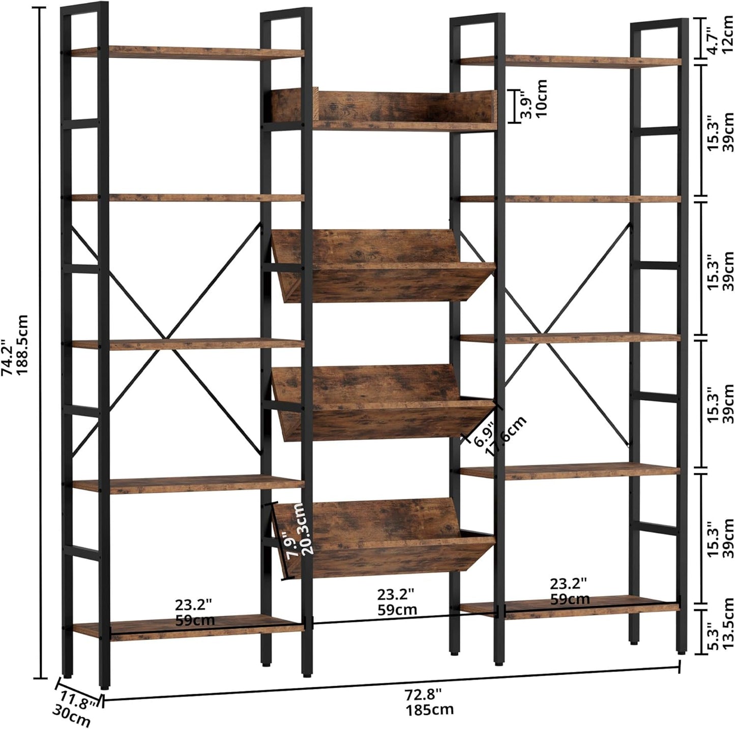 IRONCK Bookshelves and Bookcases 5 Tiers, Triple Wide Industrial Bookshelf, Large Etagere Bookshelf, Display Storage Bookshelves with Metal Frame for Living Room, Home Office
