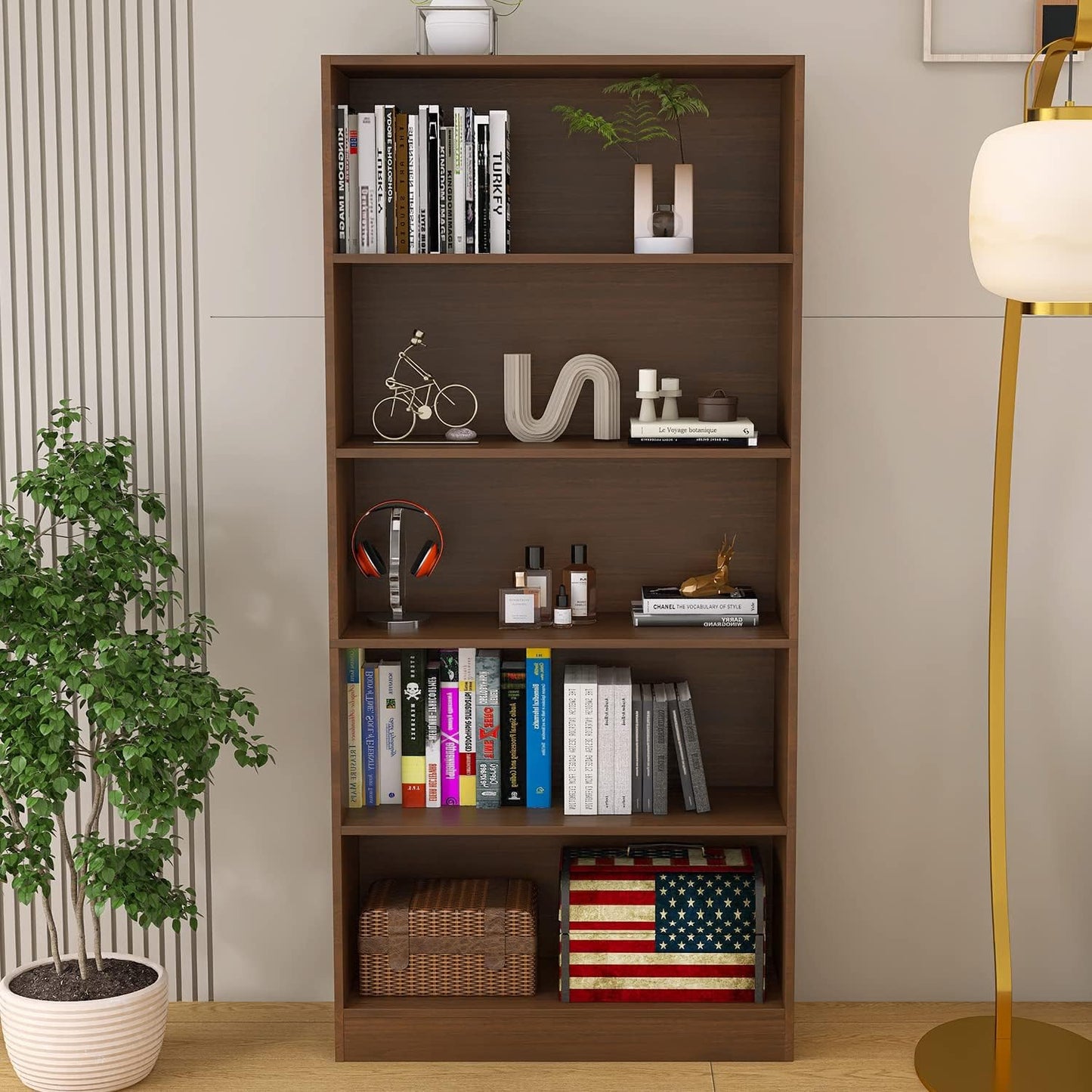 5 Shelf Wood Bookcase Freestanding Bookshelf for Home Office Library Small Narrow Space(11.8" D x 31.5" W x 67.9" H,Brown,5-Layers)